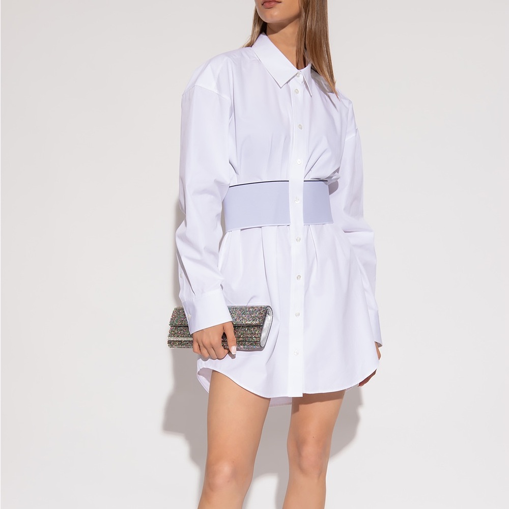 ALEXANDER WANG LOGO ELASTIC SHIRT-DRESS, SZ 4 WHITE